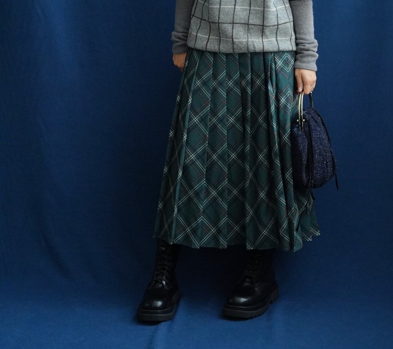 綠格子百褶裙古著中古裙 vintage - 裙子/長裙 - 其他材質 綠色