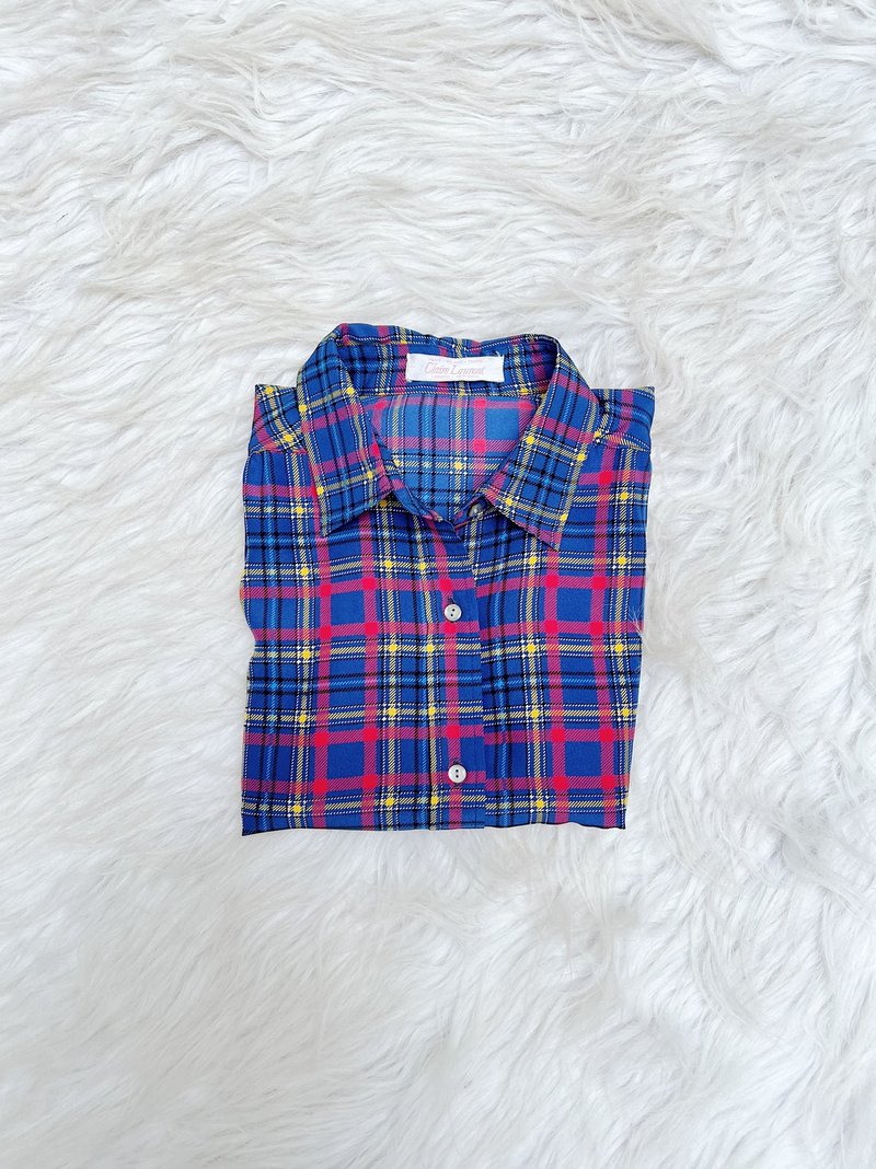 藍x桃紅x黃青春格紋遊園 雪紡紗透膚薄料襯衫上衣罩衫shirt 古著 - 女襯衫 - 聚酯纖維 多色