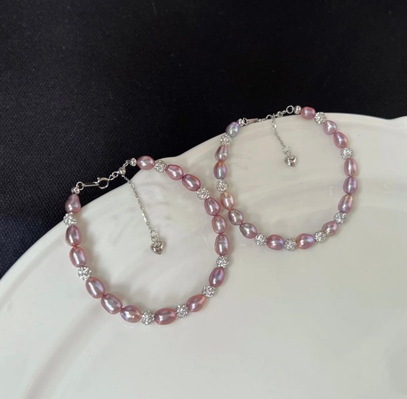 YuanPearl天然極光紫粉珍珠手鍊通勤百搭keshi米珍珠閃鑽銀手鍊 - 手鍊/手環 - 珍珠 紫色