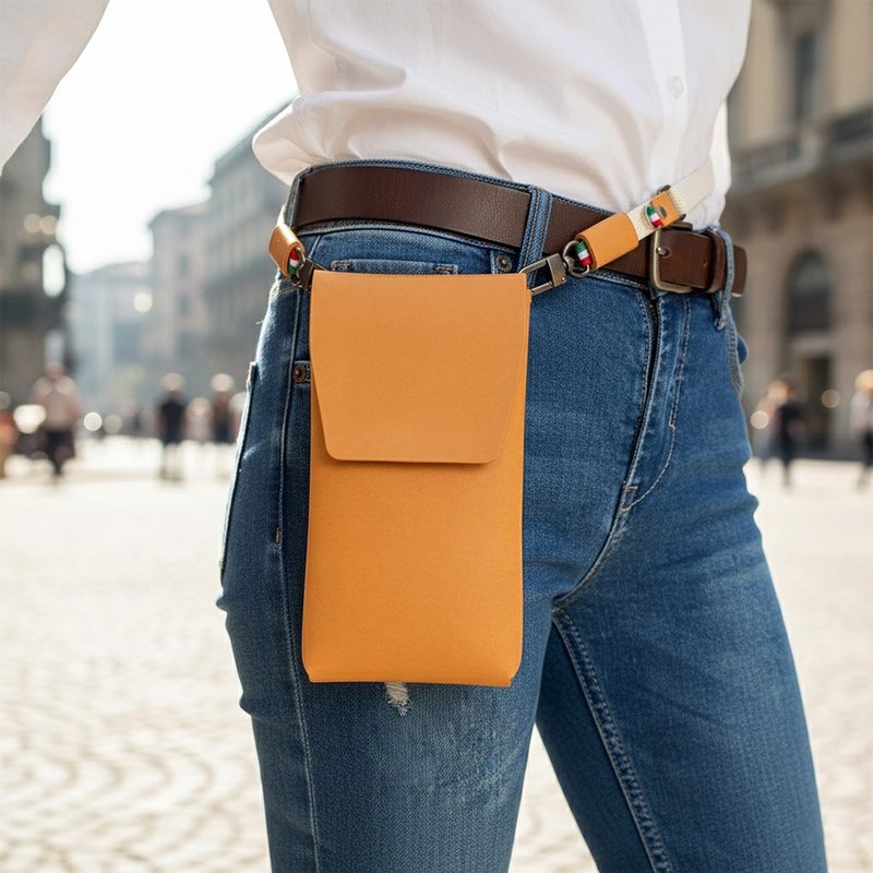 COZI-義大利植鞣革直式6.1~6.9吋手機/7.6-8.02吋摺疊手機 腰掛包 - 手機殼/手機套 - 真皮 橘色