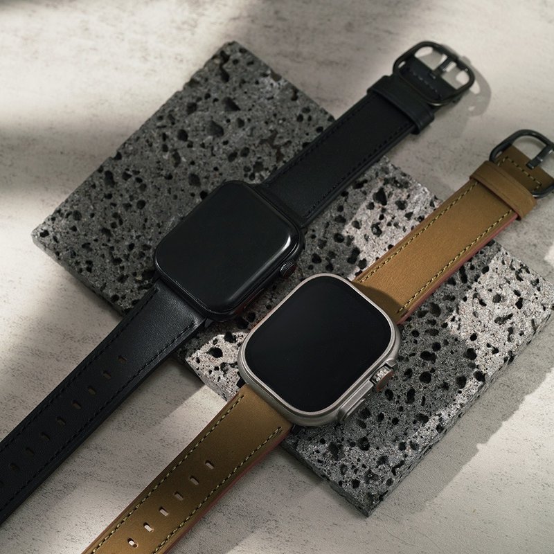 Apple watch - Textured Black Buckle Stitched Crazy Horse Leather Apple Watch Strap - สายนาฬิกา - หนังแท้ 