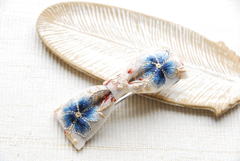 Indian embroidery ribbon barrette no.1 - Hair Accessories - Nylon Blue