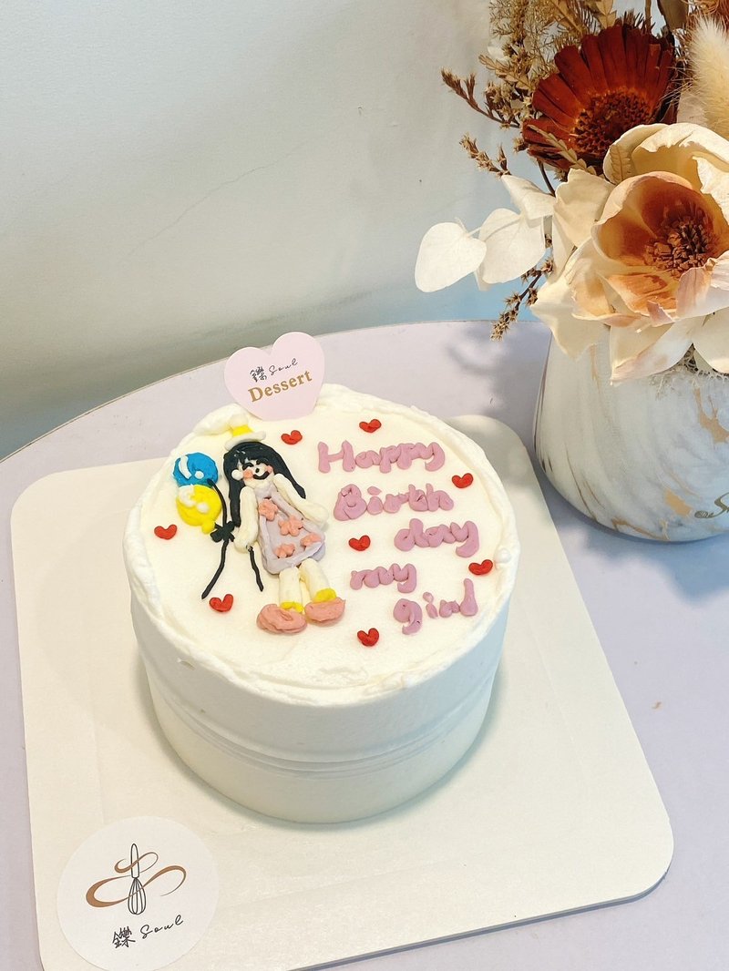 Little girl’s birthday portrait drawing, custom-made inscription cake, dessert celebration 4 inches - เค้กและของหวาน - อาหารสด 