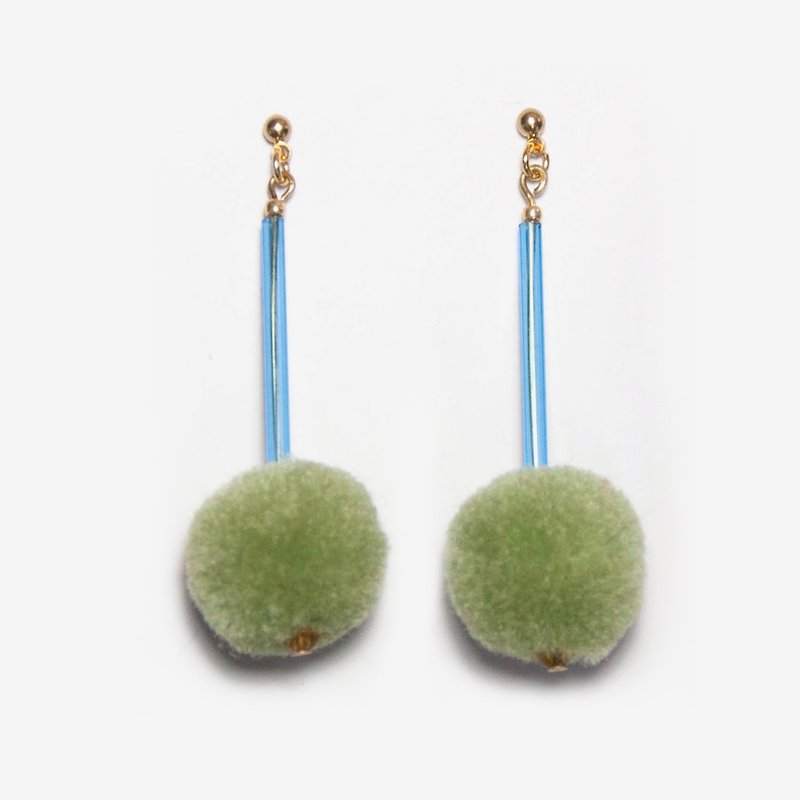 POMPOM Earrings - Green & Blue, Post Earrings, Clip-on Earrings - ต่างหู - โลหะ สีเขียว