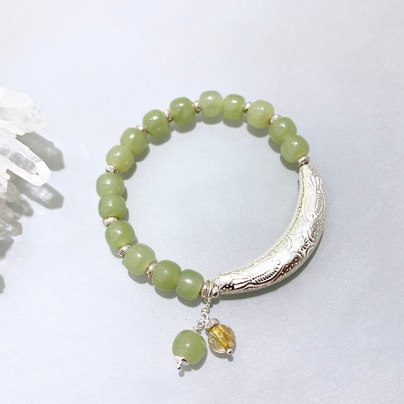 Ops Nephrite Hetian jade Handmade Unique Simple Silver Design gift bracelet - Bracelets - Silver Green