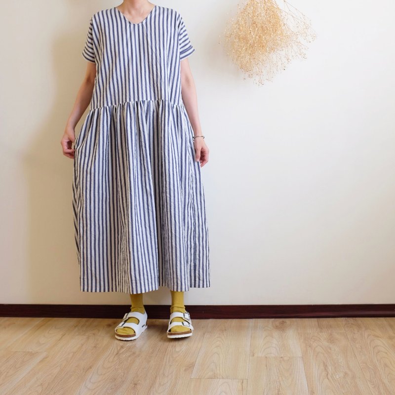 Daily handmade clothes blue and white striped jade wide dress pure cotton - One Piece Dresses - Cotton & Hemp Multicolor