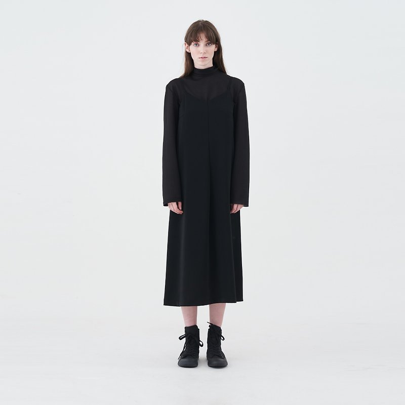 TRAN - 細肩帶片褶洋裝 - 洋裝/連身裙 - 聚酯纖維 黑色