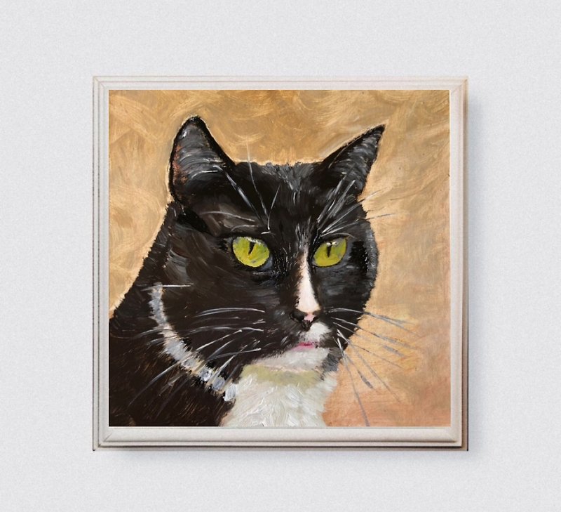 Black Cat original oil painting wall art pet portrait handmade 6 x 6 inches