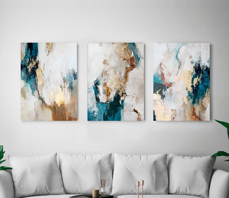 Blue and Gold Painting | Triptych Wall Art, Abstract | Painting Flow Set of 3 - 壁貼/牆壁裝飾 - 棉．麻 藍色