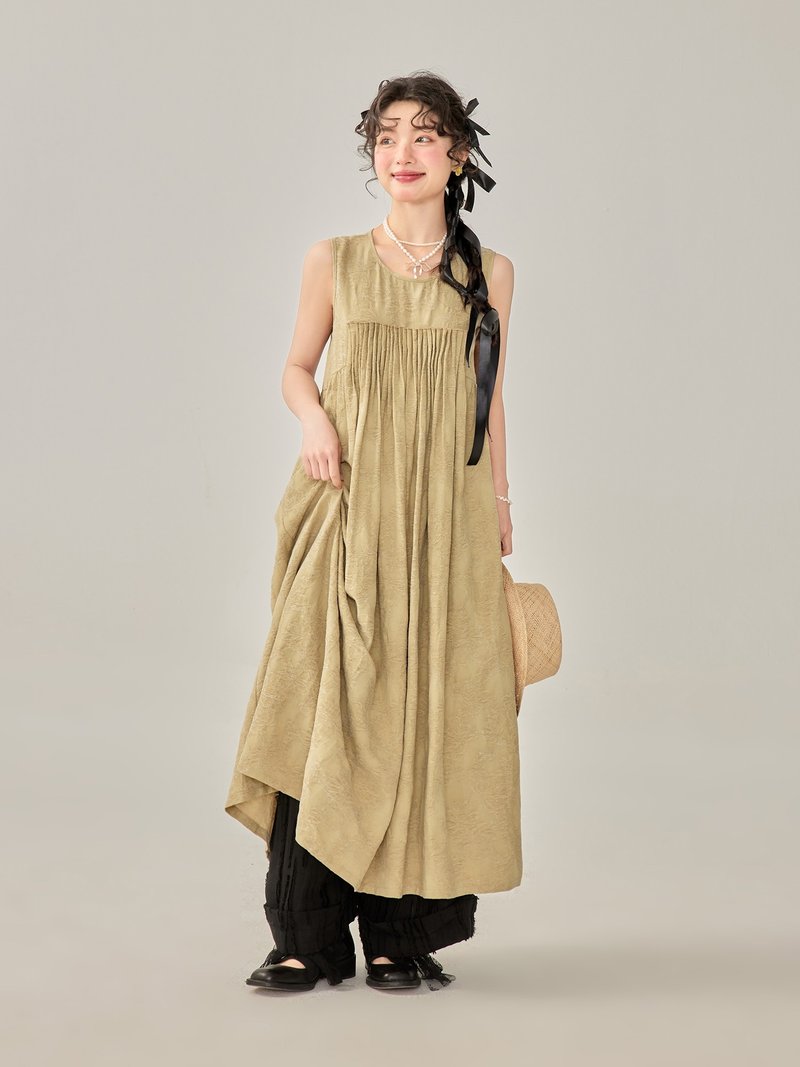 Xiangmu girl retro fried color craft drape large swing dress yellow vest skirt - ชุดเดรส - ผ้าฝ้าย/ผ้าลินิน สีกากี