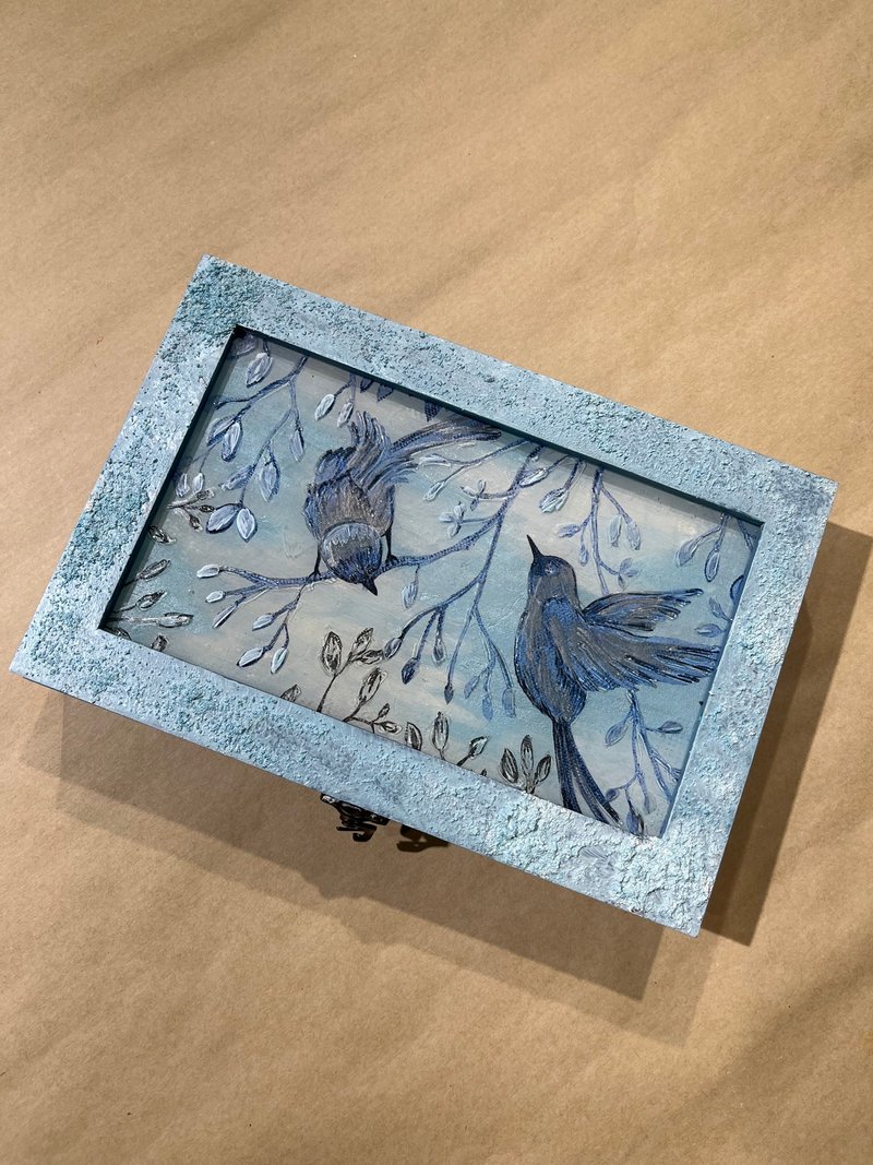 Separated jewelry box storage box Bluebird six-compartment glass partition butterfly Gubat paper art collage - กล่องเก็บของ - ไม้ สีน้ำเงิน