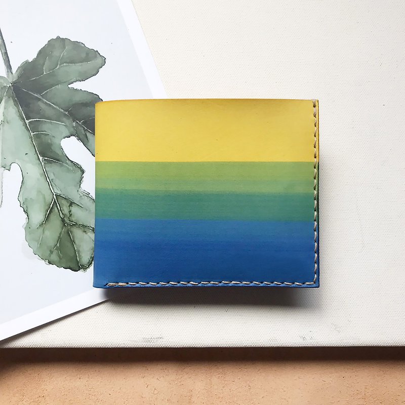 Customized gift _ vegetable tanned leather short clip _ wallet _ 4 cards 2 banknotes _ warm yellow gradient sky blue