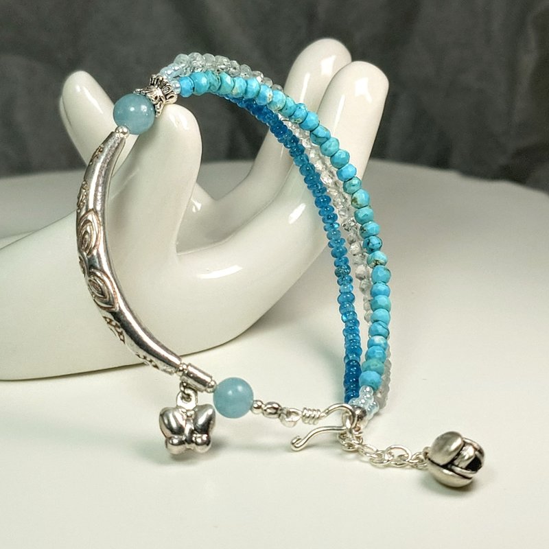 Bracelet aquamarine apatite Stone Stone 925 silver ornaments Silver tube butterfly tulip flower - Bracelets - Gemstone Blue