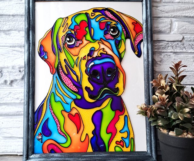 手描きステンドグラス虹大きな犬多色素朴なオリジナル絵画 - ショップ