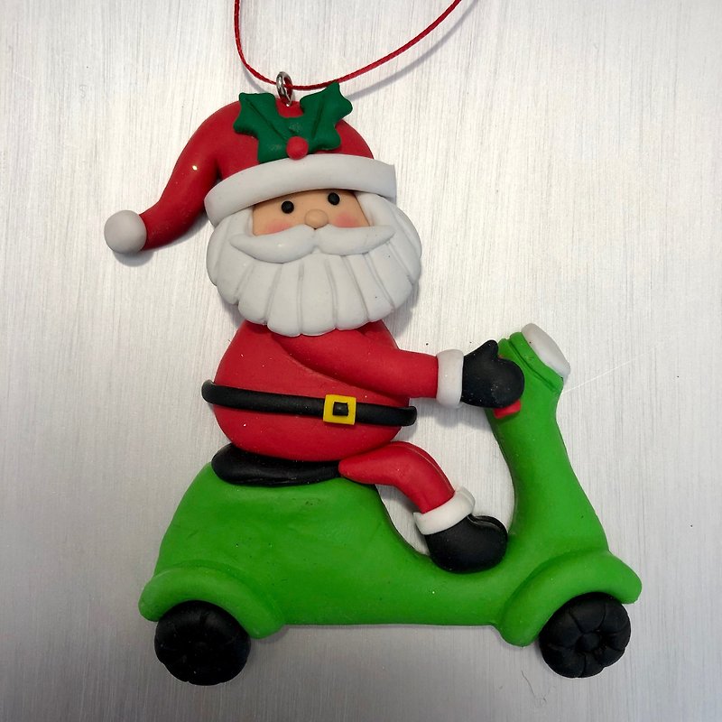 Christmas Husband Riding Motorcycle Charm - Items for Display - Pottery Red