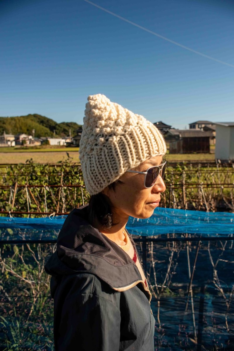 手編み　ニット　帽子　もこもこ　ウール - 帽子 - 羊毛 白色