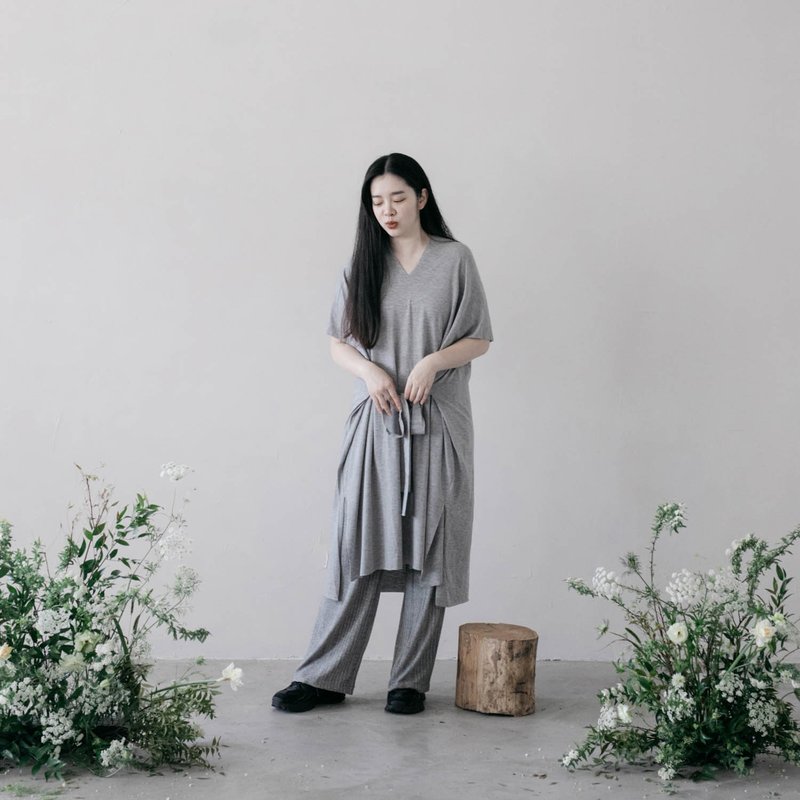 【Women's Day New Arrival】堅定灰色細紋花條鬆緊帶長褲 - 女長褲 - 其他材質 灰色