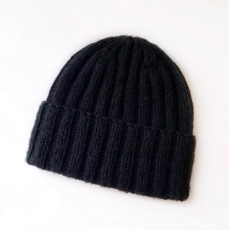 Men's Merino Wool Black Ribbed Beanie: Exceptionally Warm Hand-Knit Winter Hat. - Hats & Caps - Wool Black