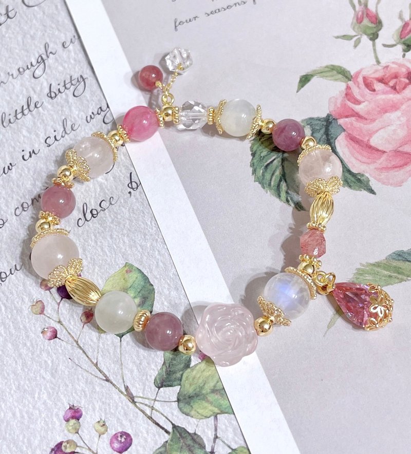 Fate/Peach Blossom/Moonstone/Rose Stone/Rose Pink Crystal/Purple Horse Pink/Crystal 14K Gold Bracelet - Bracelets - Other Metals White