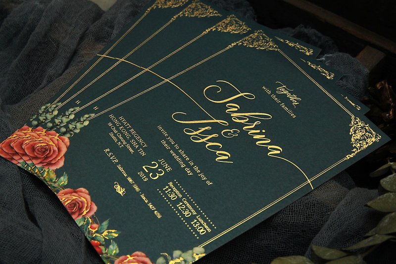 Dark green watercolor rose flower invitation card wedding card design - Wedding Invitations - Paper 