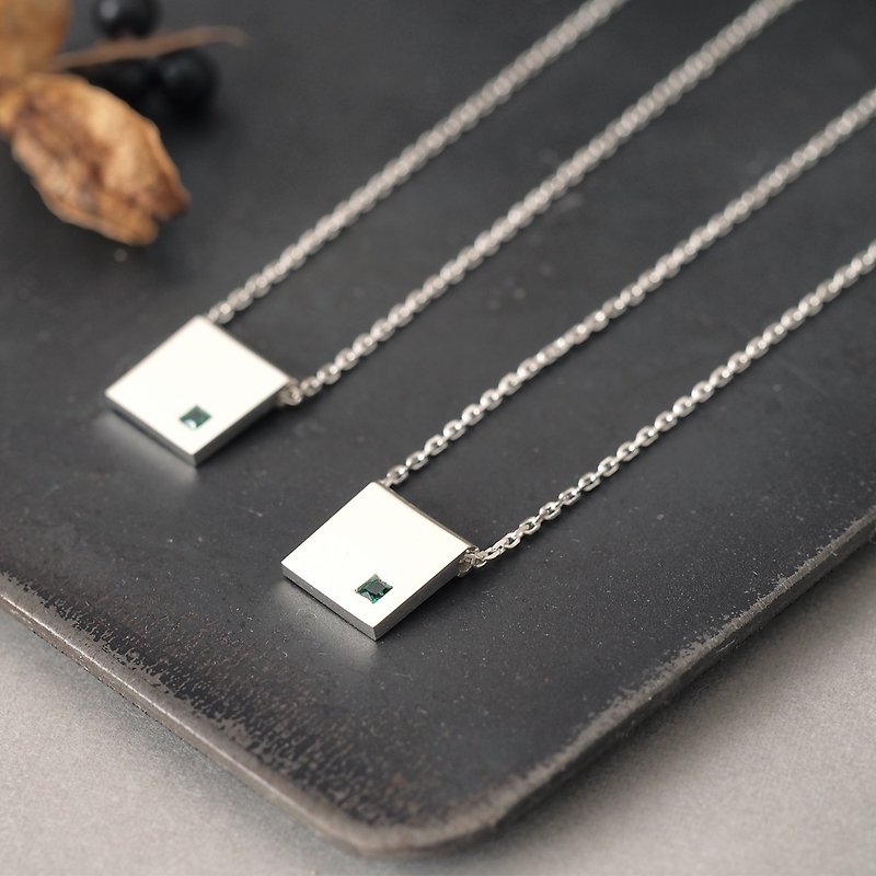 2 pieces set) Emerald Square Pair Necklace Silver 925 - สร้อยคอ - โลหะ สีเขียว