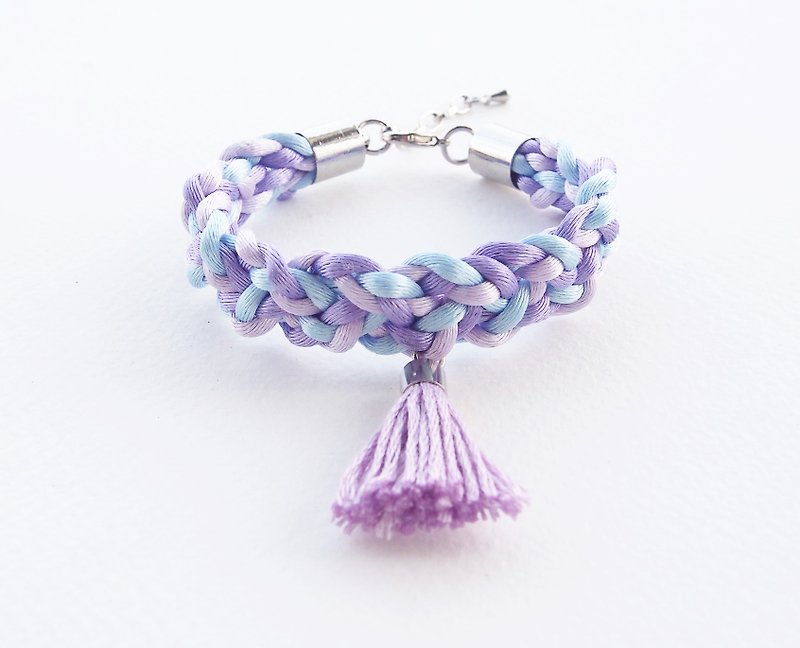Lilac & light blue braided bracelet with lilac tassel - Bracelets - Other Materials Purple