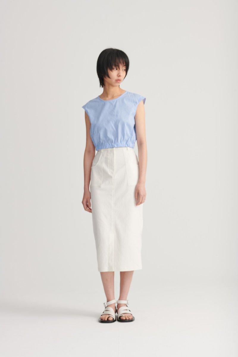Shan Yong White Denim Slit Knee Slim Skirt - กระโปรง - ผ้าฝ้าย/ผ้าลินิน 