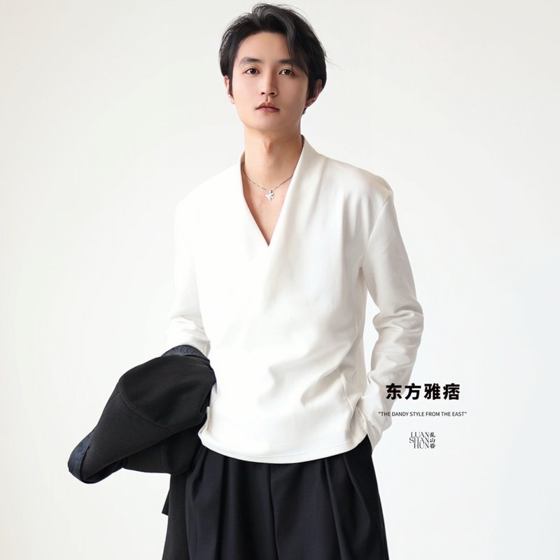 Luanshanhundongfangyupi new Chinese style national style original cross collar white long sleeve autumn and winter all-match bottoming sweatshirt - Men's T-Shirts & Tops - Other Materials White