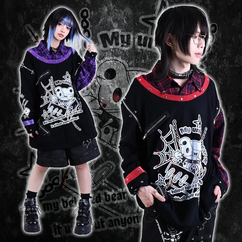 YABI punk kawaii harajuku puppet collection collared layered look tee JJ2475 - Men's T-Shirts & Tops - Cotton & Hemp 