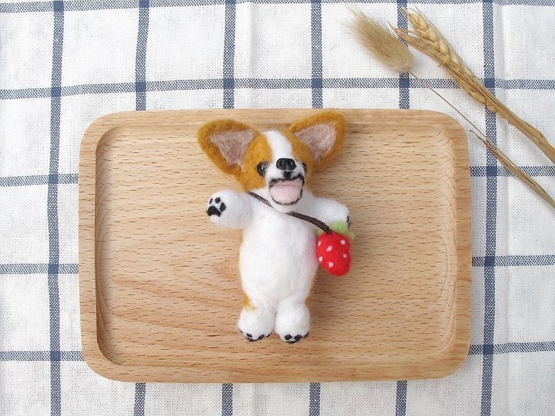 Needle Felt Dog Corgi Standing Position With a Strawberry Bag - Keychains - Wool Brown