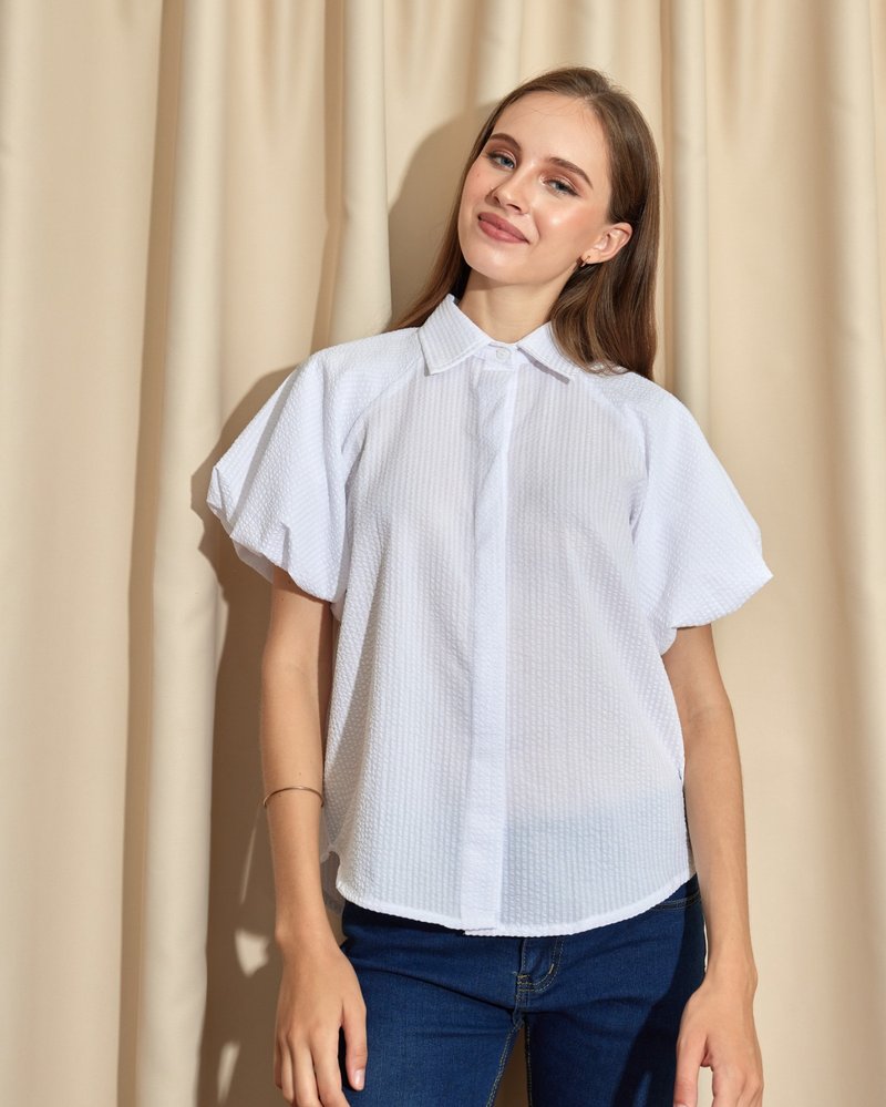BIRUCHU BALLOON SLEEVE BLOUSE : Off White 白色 - 女襯衫 - 棉．麻 白色