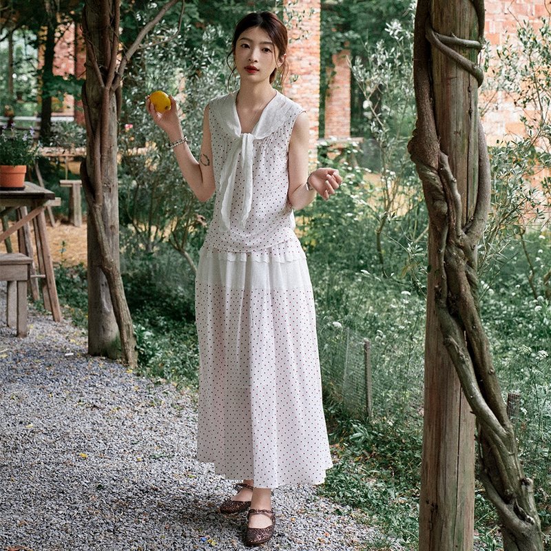 波點花邊襯衫半裙套裝|襯衫|裙子|夏款|Sora-1527 - 女襯衫 - 棉．麻 