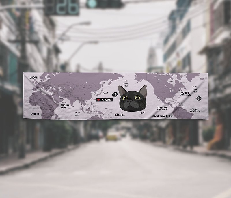 Make World map made cat towel (black cat) - ผ้าขนหนู - เส้นใยสังเคราะห์ 