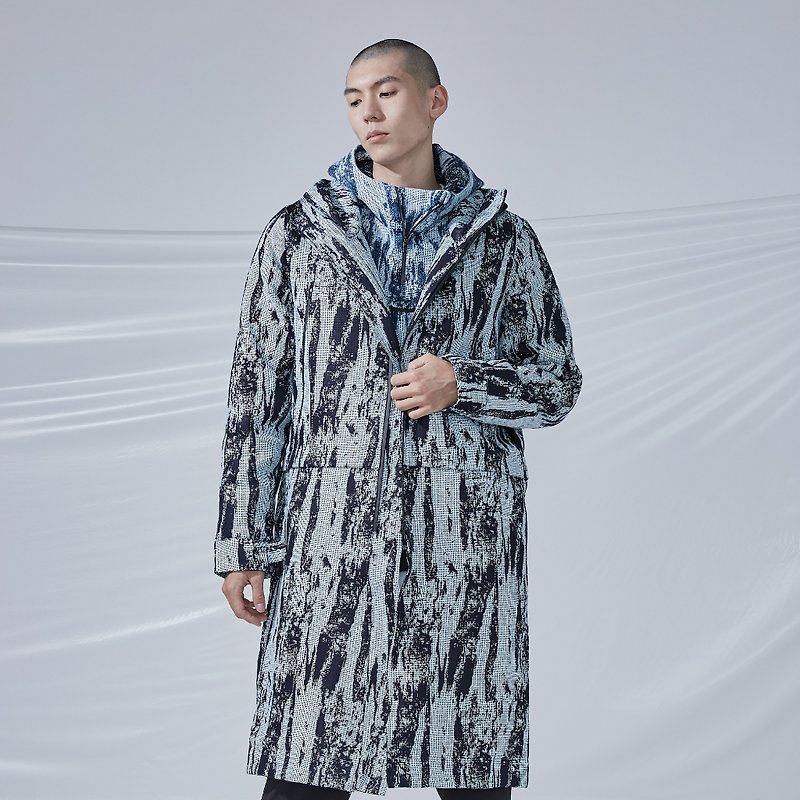 DYCTEAM-Brush Pattern Jacquard Padded Coat Jacquard Hooded Long Coat - เสื้อโค้ทผู้ชาย - ผ้าฝ้าย/ผ้าลินิน สีน้ำเงิน