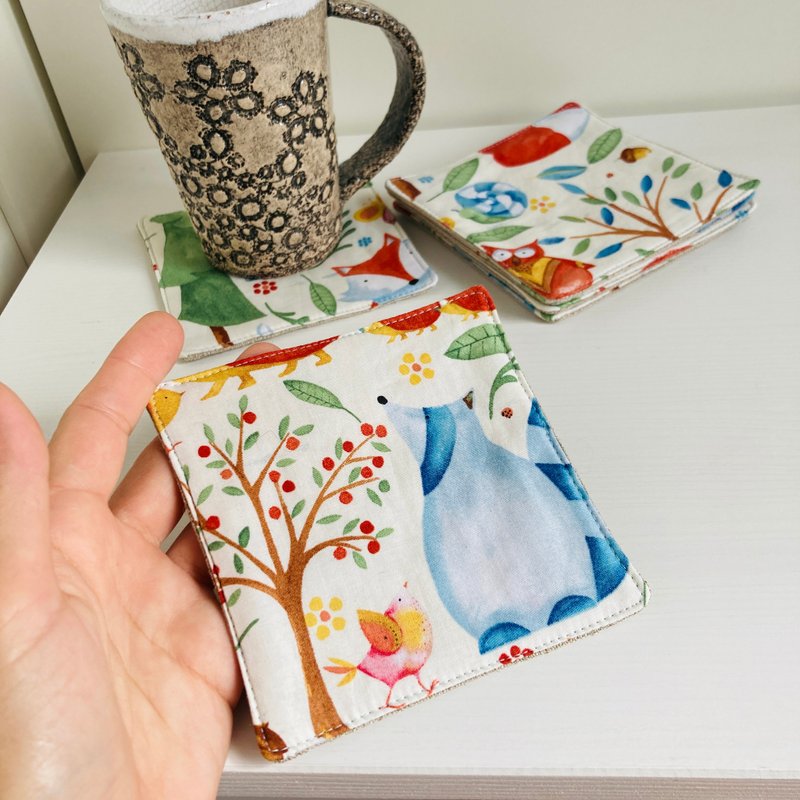 Fairy Tale Forest' coaster Set of 6 Linen-cotton coasters 11.5 x 11.5 cm - 杯墊 - 亞麻 藍色