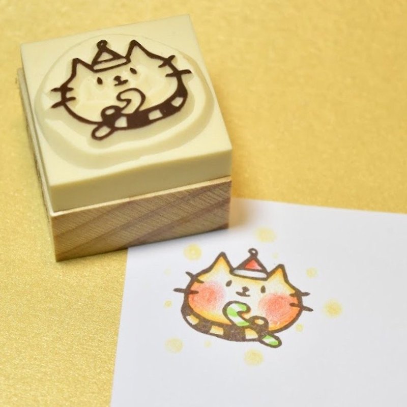 [Christmas limited] Burnt cat with candy cane handmade rubber stamp - ตราปั๊ม/สแตมป์/หมึก - ยาง สีทอง