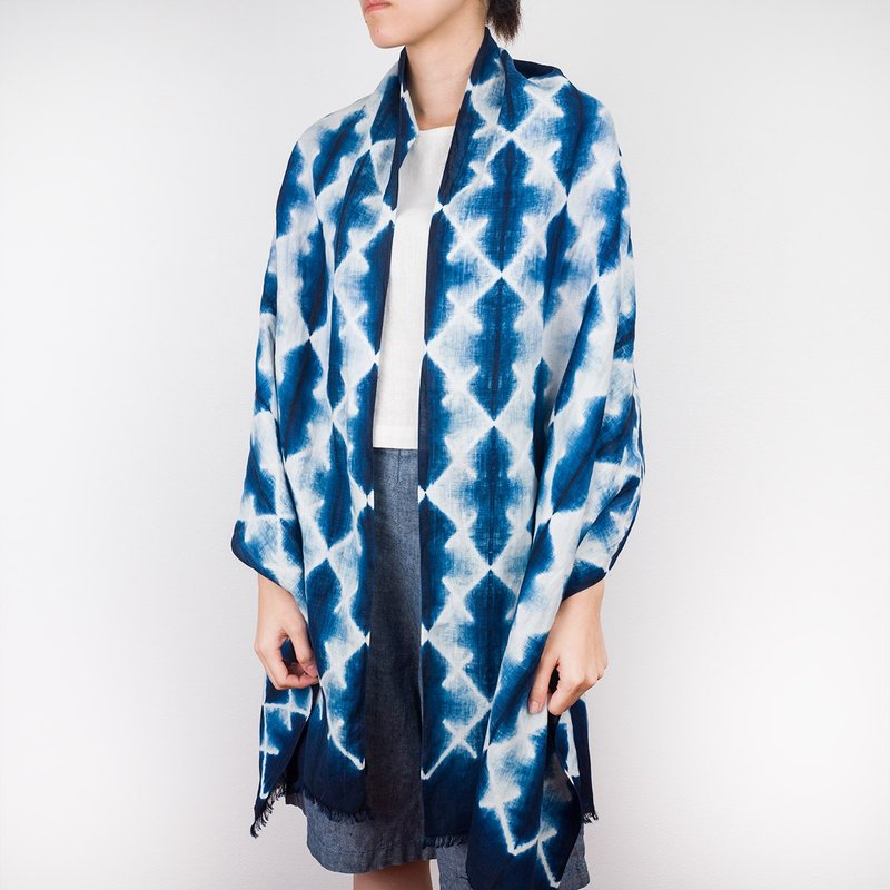 Natural Indigo Dye Blue Linen Long Scarf - Katano Crosses - 絲巾 - 亞麻 