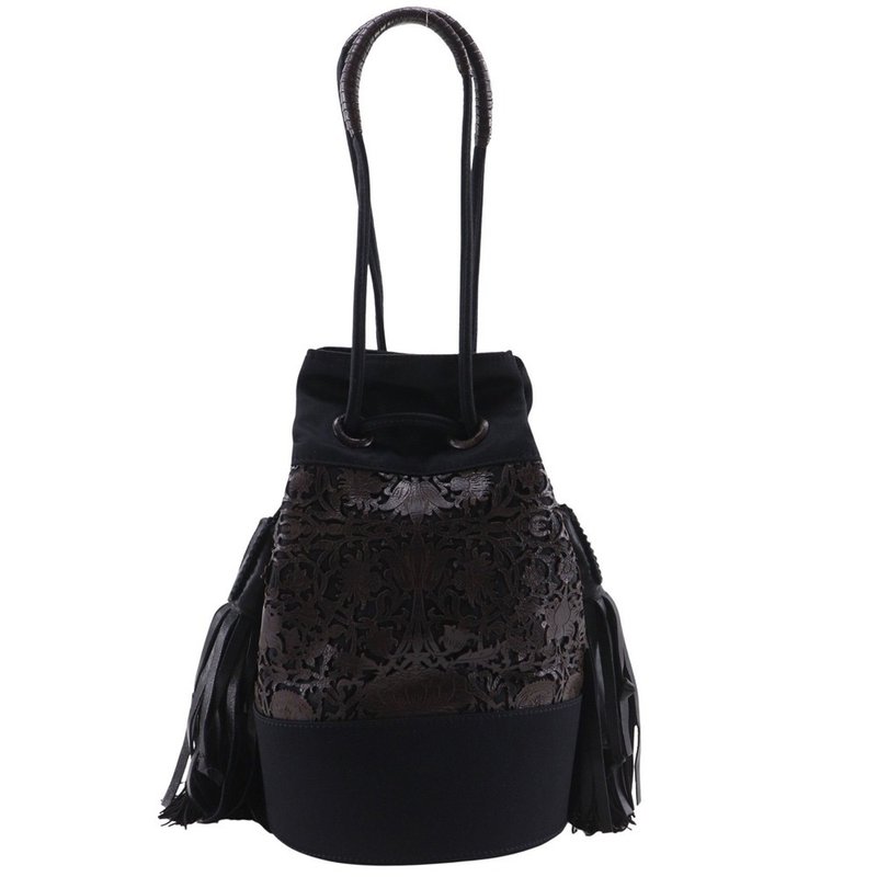 BOTTEGAVENETA Drawstring Handbag with Intrecciato Leather Fringe, Satin x Leather, Black/Brown, Women's [Used] - กระเป๋าถือ - วัสดุอื่นๆ สีดำ
