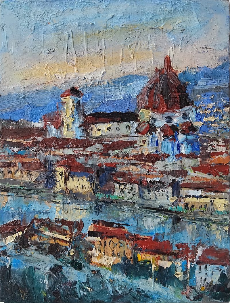 Florence oil painting 100% handmade original Brush strokes Italian Evening - 壁貼/牆壁裝飾 - 其他材質 灰色