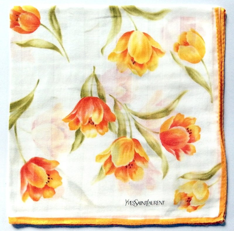 Yves Saint Laurent Vintage Handkerchief Floral Tulip, 19 x 18.5 inches - 手帕 - 棉．麻 橘色