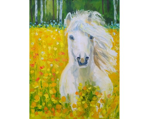 White Horse Painting Original Art Animal Canvas Oil Artwork Blooming Meadow OIl