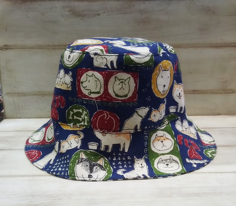 Dark blue comic dog black plaid double-sided fisherman hat / sunhat - Hats & Caps - Cotton & Hemp Multicolor