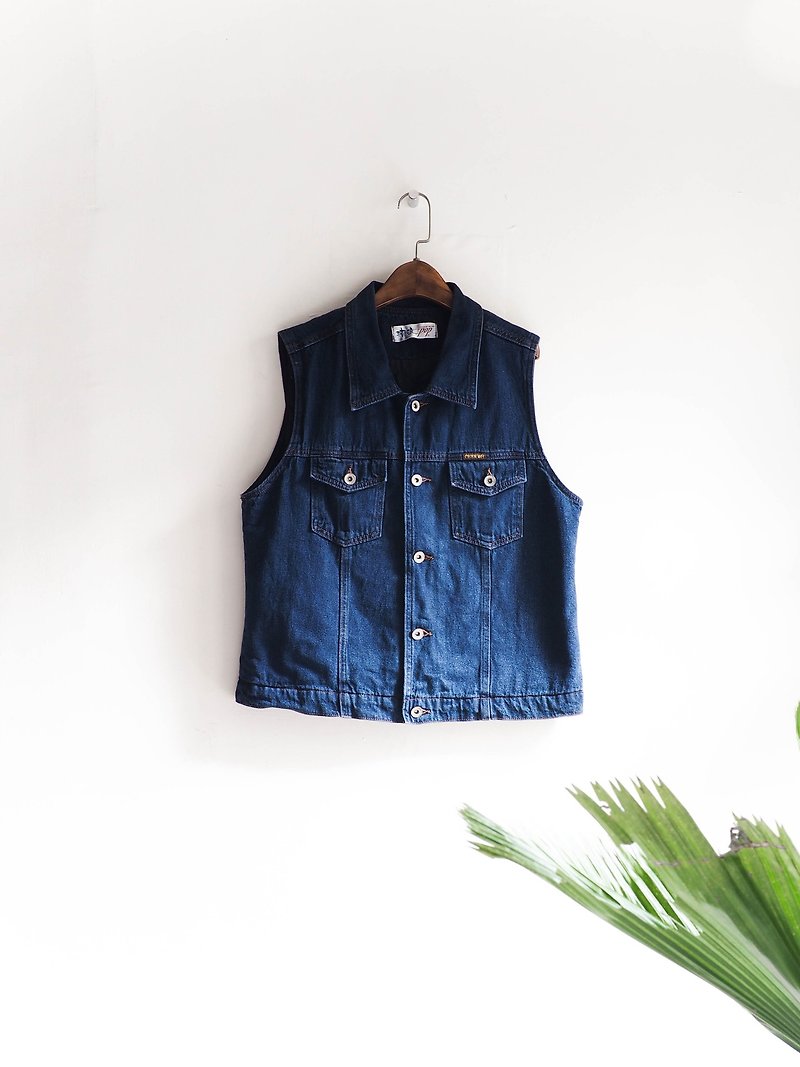 River Hill - Toyama deep blue rock party cotton denim vest vintage antique vintage oversize vest - เสื้อกั๊กผู้ชาย - ผ้าฝ้าย/ผ้าลินิน สีน้ำเงิน