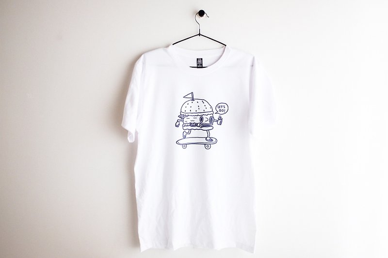BURGER SKATEBOARDER illustration printing short-sleeved unisex cotton t-shirt - T 恤 - 棉．麻 白色