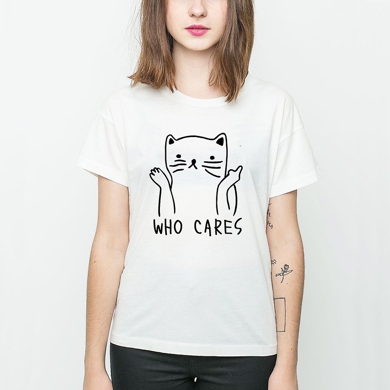 Who Cares Cat #2 Men's and women's short-sleeved T-shirt white Shiba Inu dog cat hair kid animal cute - เสื้อผู้หญิง - ผ้าฝ้าย/ผ้าลินิน ขาว