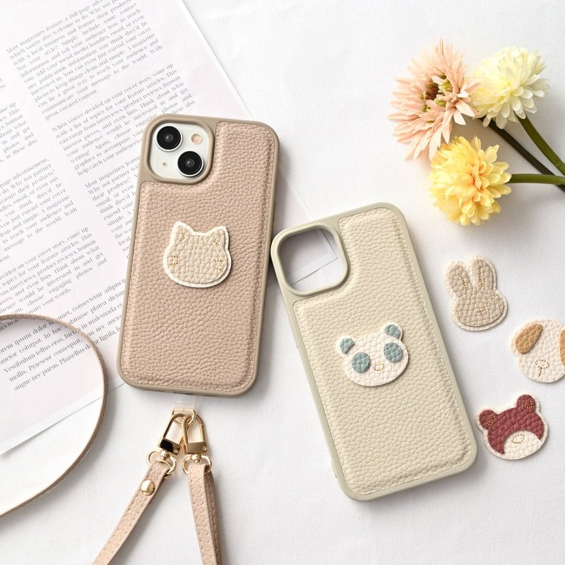 カラー リアケース 【 simple アニマル ステッチ ワッペン 】 iPhone スマホケース スマホショルダー くすみカラー 犬 猫 うさぎ A273I - 手機殼/手機套 - 人造皮革 咖啡色