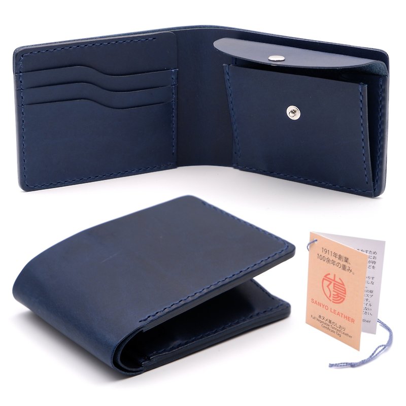 Bi-fold wallet navy genuine leather made in Japan - Wallets - Genuine Leather Blue
