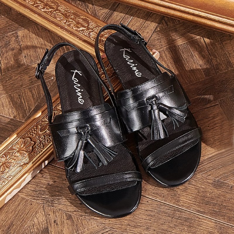 Black full leather one-piece low-heeled sandals with tassels - รองเท้ารัดส้น - หนังแท้ 