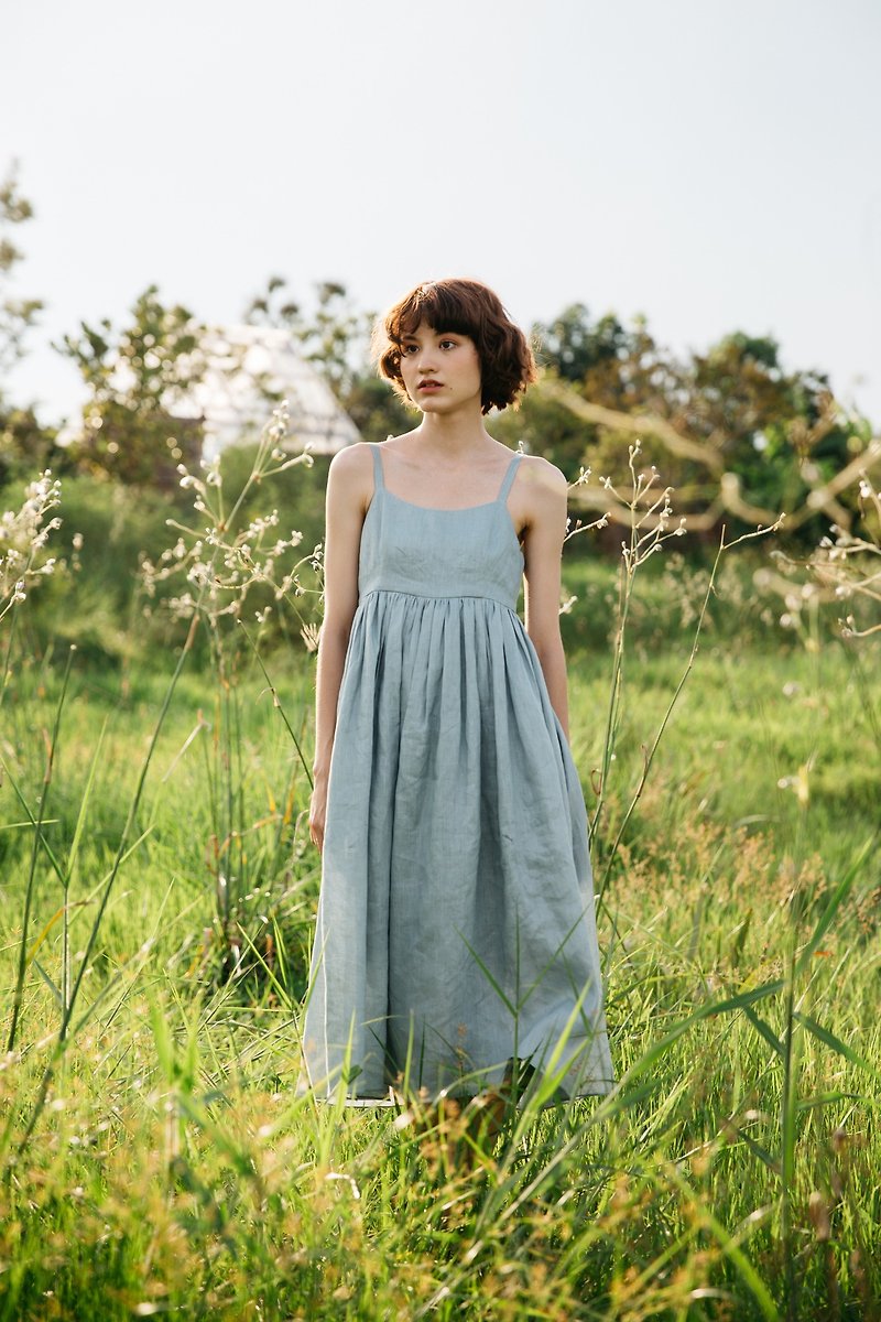 Camisole Linen Dress with Back Shell Button in Smoke Blue - 連身裙 - 棉．麻 藍色