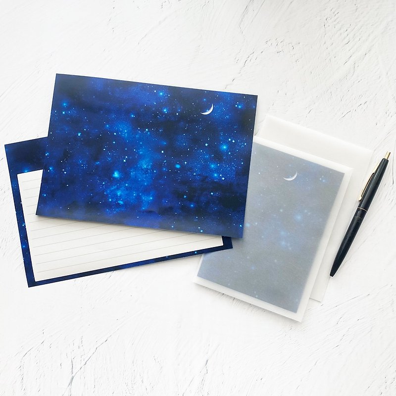 Dark indigo night sky and crescent moon Letter set / Stationery night sky moon - Envelopes & Letter Paper - Paper Blue